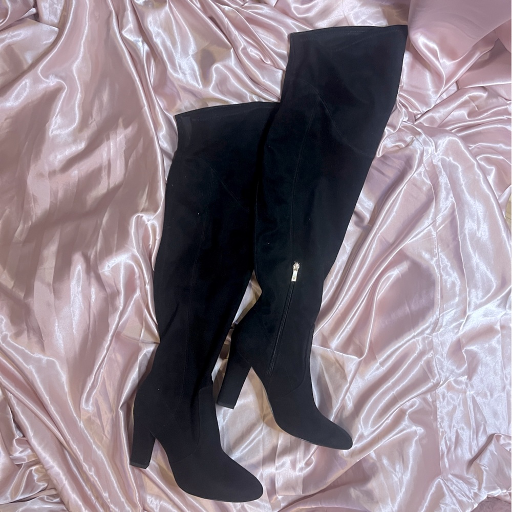 IVANKA TRUMP Black Over-the-Knee High-Heel Suede Look Boots Size 10M Thigh Highs